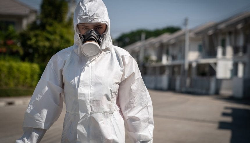 man in biohazard suit