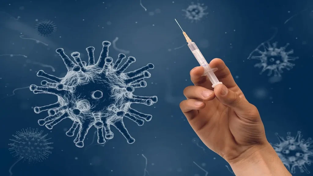 Illustration of a vaccine and a virus