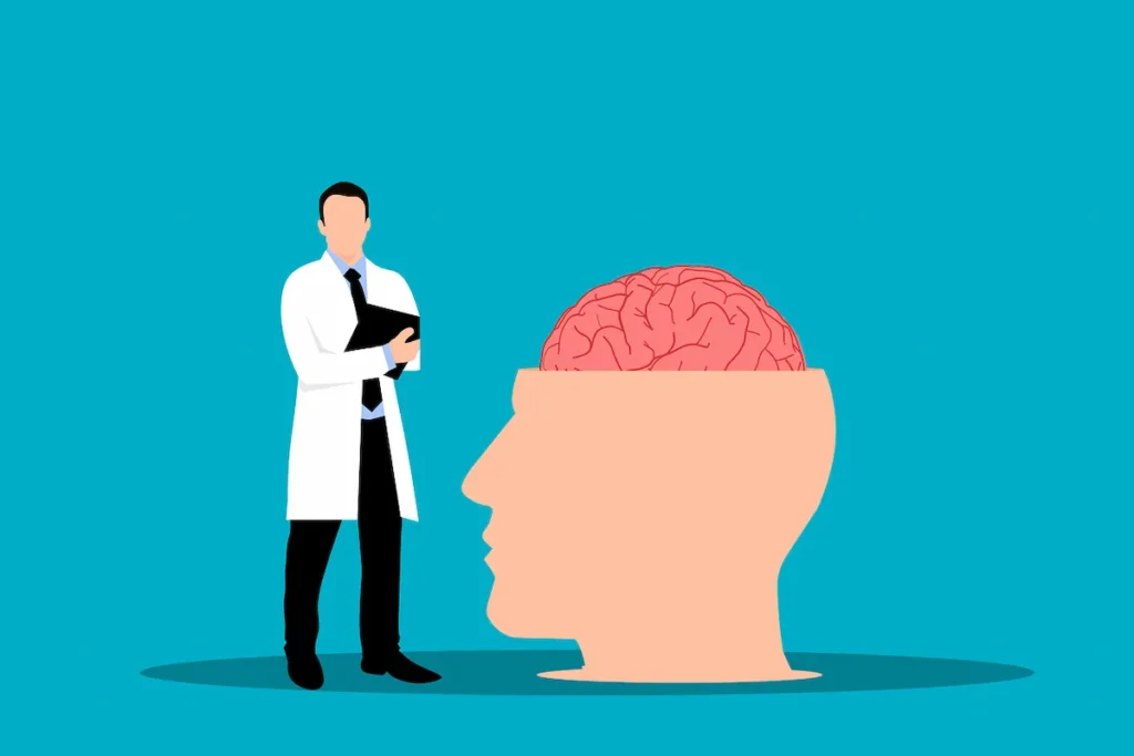Illustration of neurologist next to brain
