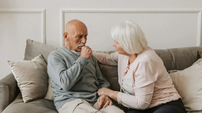 Old man coughing next to woman