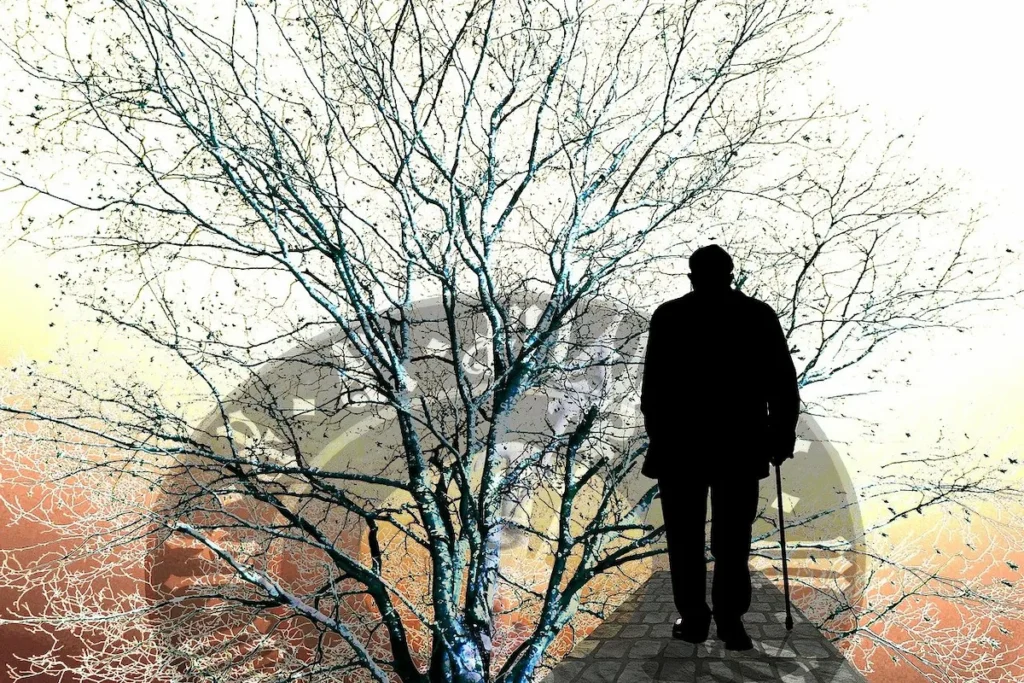 Image with an elderly man, a tree and a clock